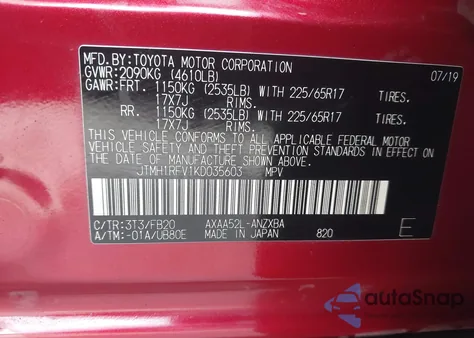 2019 Toyota Rav4 Le z USA, uszkodzony, nr VIN JTMH1RFV1KD035603